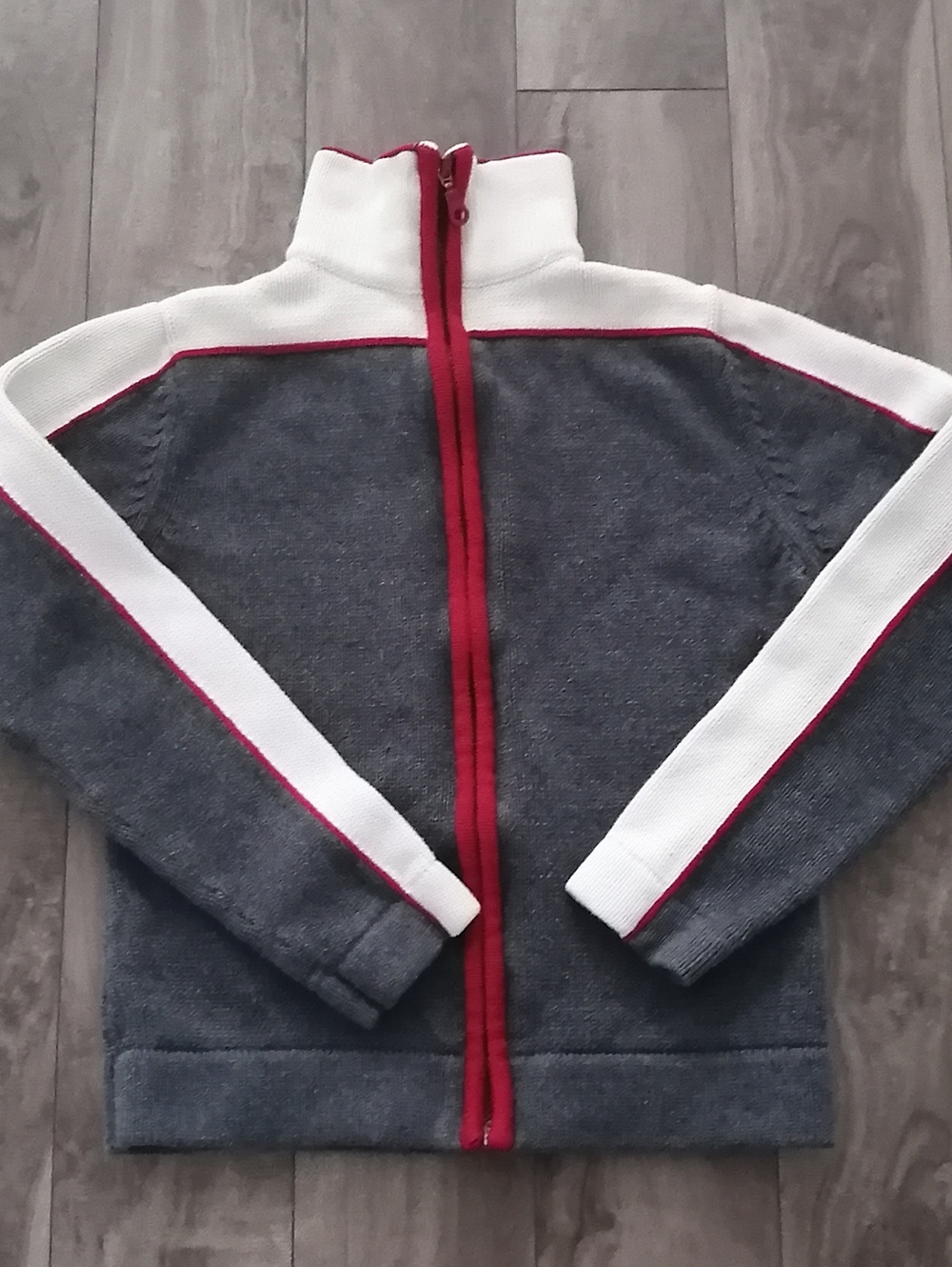 Simons Cotton  Zip-Up Cardigan Sweater Red Trim XS-Small